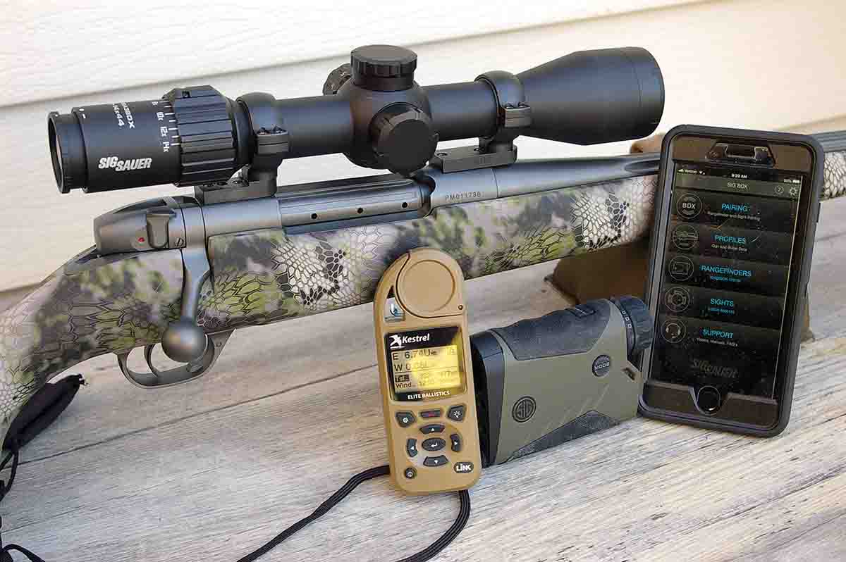 Ballistic Data Xchange links a BDX smartphone app to a SIG KILO BDX rangefinder and a SIG SIERRA3BDX riflescope to provide aiming points on an electronic reticle out to 800 yards. The rangefinder can also be linked to a Kestrel 5700 Elite Meter to provide atmospheric information.